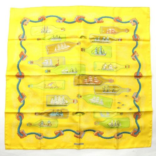 エルメス カレ90 シルク Bouteilles a la Mer ボトルシップ スカーフ フィッシュ 魚 イエロー