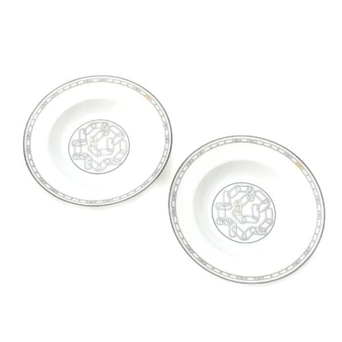 フェンディ オーロック 磁器 ポーセリン ペアスーププレート 2点セット 皿 食器 7AC046 グレー ホワイト