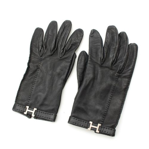 エルメス ラムレザー Hモチーフ 手袋 グローブ ブラック シルバー金具