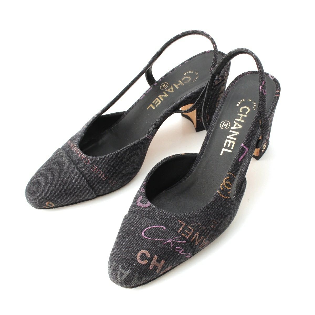 シャネル 22P デニム ココマーク 筆記体 スリングバッグ パンプス