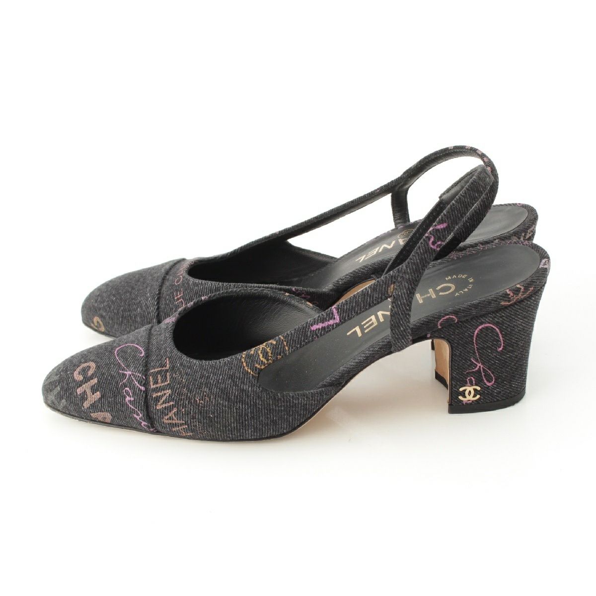 シャネル 22P デニム ココマーク 筆記体 スリングバッグ パンプス