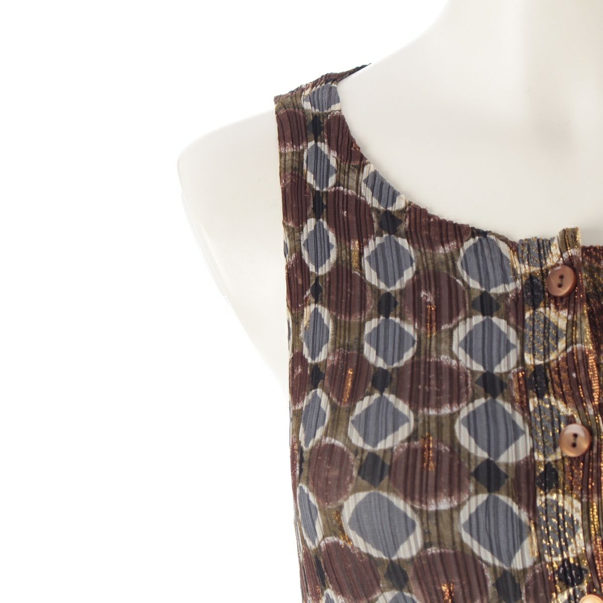 イッセイミヤケ 総柄 ラメ プリーツ フロントボタン ノースリーブ  