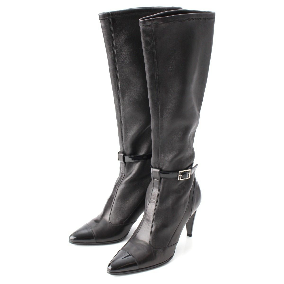 シャネル パテントレザー ロゴベルト付き ロング ブーツ シューズ