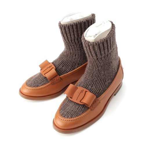 サルヴァトーレフェラガモ VIVALDO KNIT レザー ニット切り替え ローファー シューズ 0756776 ブラウン 7