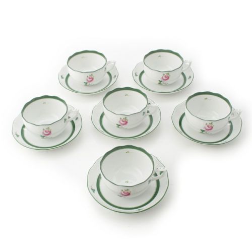 ヘレンド 陶器 ウィーンのバラ 6客セット 食器 ティー カップ＆ソーサー ホワイト グリーン