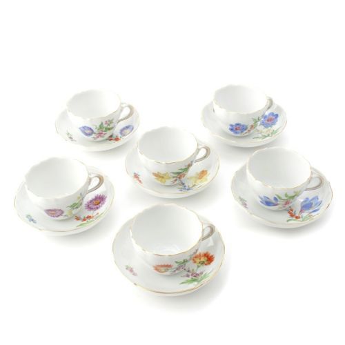 マイセン 陶器 ベーシックフラワー 5つ花 6客セット 食器 ティー カップ＆ソーサー ホワイト マルチカラー