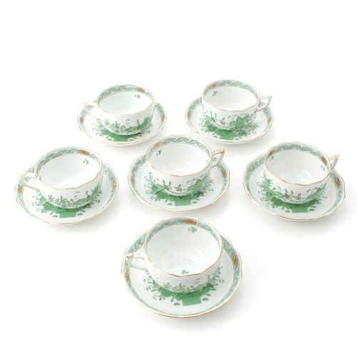 ヘレンド 陶器 インドの華 6客セット 食器 ティー カップ＆ソーサー ホワイト グリーン