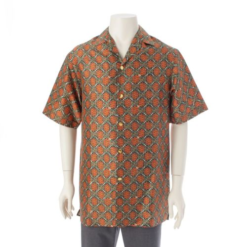 グッチ 20SS シルク GG ロゴ オープンカラー 金ボタン 半袖シャツ トップス 623156 オレンジ ベージュ系 42