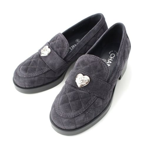 シャネル 23K スエード ココマーク ハート マトラッセ モチーフ ヒール ローファー シューズ G39697 ネイビー 36C