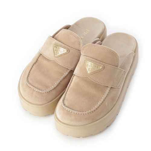 プラダ スエード トライアングルロゴ フラットフォーム ミュール シューズ 1XZ778 ベージュ 37 1/2