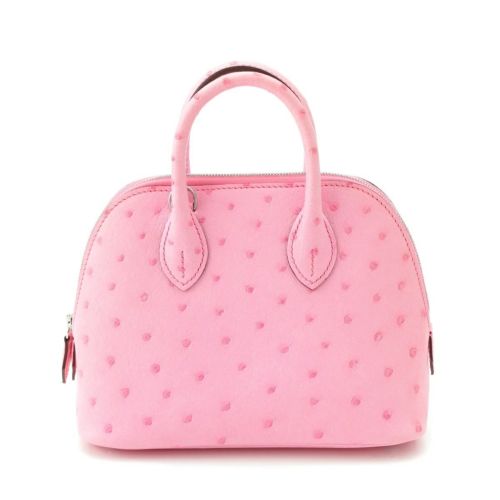 エルメス W刻印 ボリード オーストリッチ レザー シルバー金具 ハンドバッグ ローズバブルガム