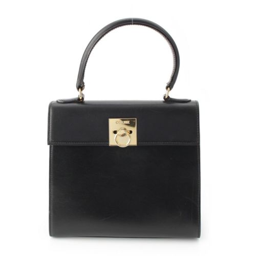 セリーヌ ヴィンテージ レザー 2way トップハンドル ロゴ金具 ハンドバッグ 鞄 ブラック