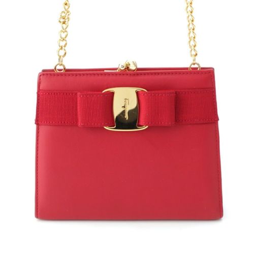 サルヴァトーレフェラガモ ヴァラ リボン ミニ チェーン ショルダーバッグ 鞄 ポーチ ガマロ レッド