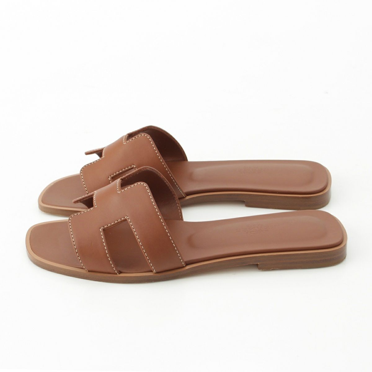 エルメス オラン レザー フラット サンダル シューズ ブラウン 35  