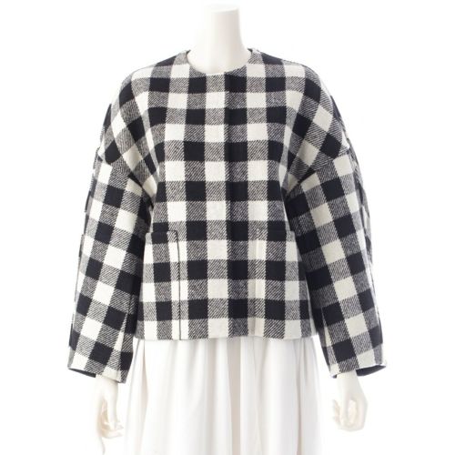 ドゥロワー 23AW ウール ブロックチェックリバー ダブルフェイス リバーシブル ノーカラージャケット アウター 6522-299-0811 ブラック ホワイト 34