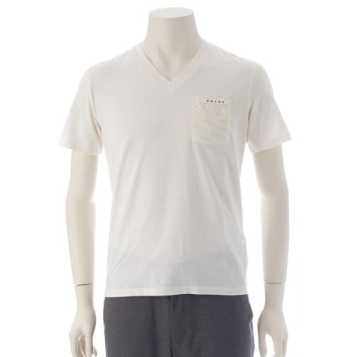 プラダ 18SS コットン ポケット ロゴ Vネック 半袖Tシャツ カットソー トップス SJN251 ホワイト XS