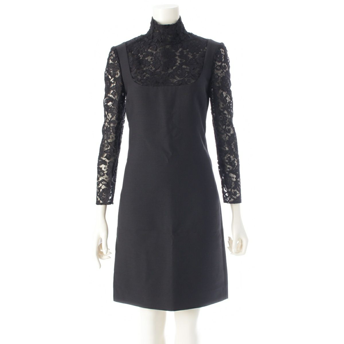 ヴァレンティノ コットン ナイロン混 ハイネック 長袖 レース ワンピース 2B3VA230360 ブラック 36