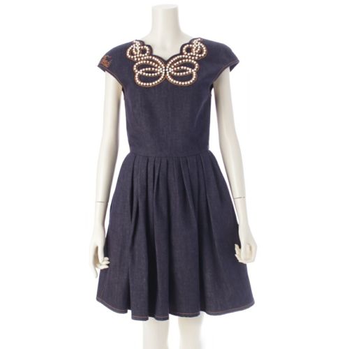 フェンディ 17年 デニム パール付き ワンピース FLD505 インディゴ 36
