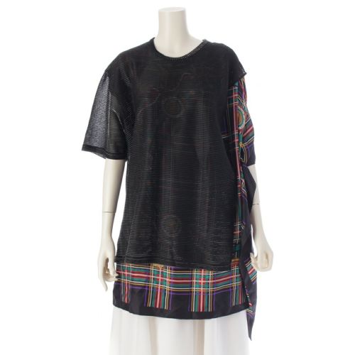 ジュンヤワタナベ 25SS チェック柄 シルク ドッキング ルレックス 半袖Ｔシャツ トップス JO-T018 ブラック S