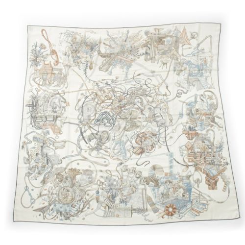 エルメス 25AW カレ140 カシミヤ シルク カレジェアン エルメスの世界 ストール アイボリー マルチカラー