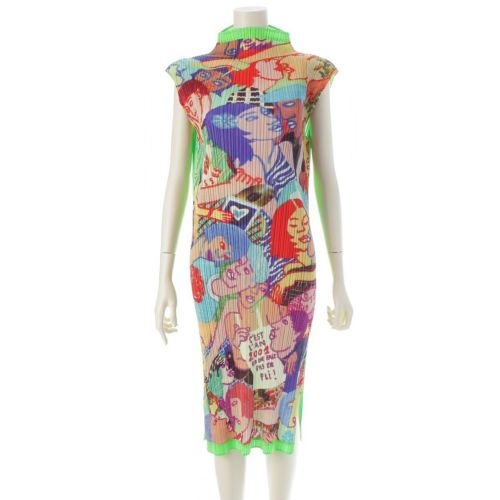 プリーツプリーズ イッセイミヤケ Lamia Ziade グラフィティ 総柄 ボトルネック ノースリーブ ワンピース ドレス PP12-JH221 グリーン 4