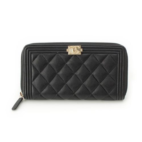 シャネル 30番台 ボーイシャネル キャビアスキン ココマーク ラウンドジップ ウォレット 長財布 ブラック